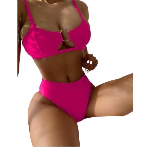 Womens High Waisted Bikini Open Ring Sexy Brazilian Medium 2 Piece Set Hot Pink - Picture 1 of 12